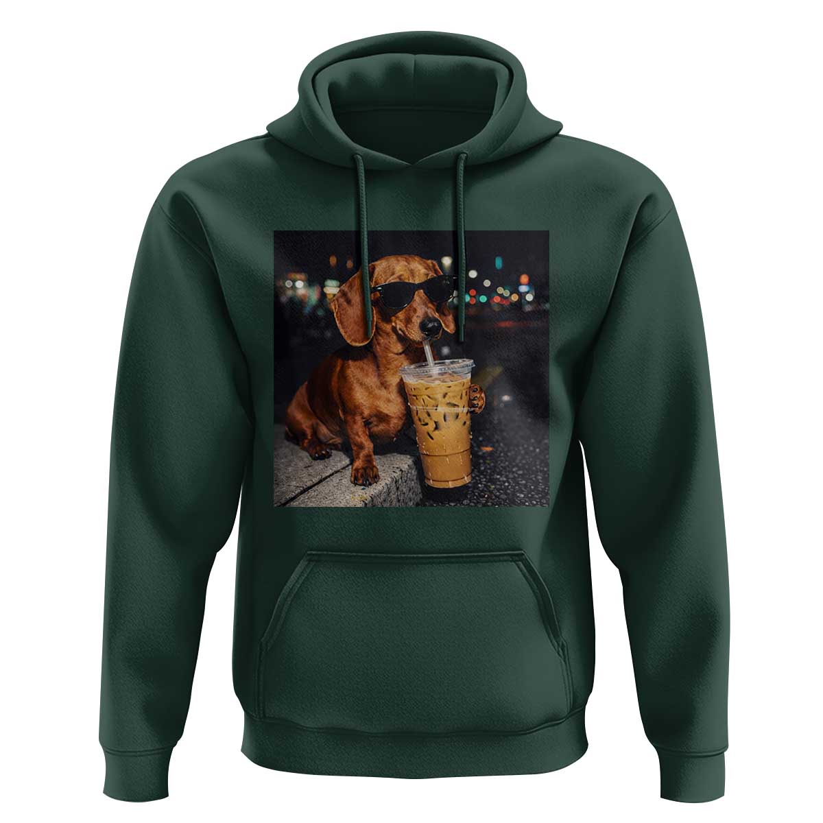 Cool Dachshund Drinking Iced Coffee Graphic Hoodie Funny Wiener Dog Night Vibes Aesthetic