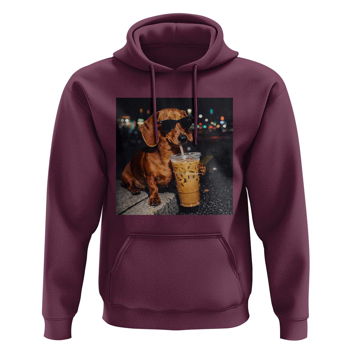 Cool Dachshund Drinking Iced Coffee Graphic Hoodie Funny Wiener Dog Night Vibes Aesthetic