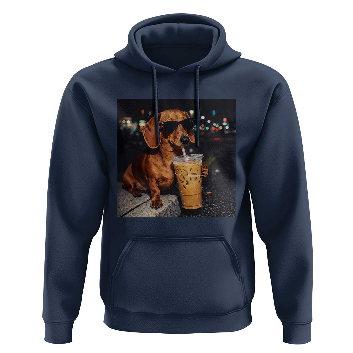 Cool Dachshund Drinking Iced Coffee Graphic Hoodie Funny Wiener Dog Night Vibes Aesthetic