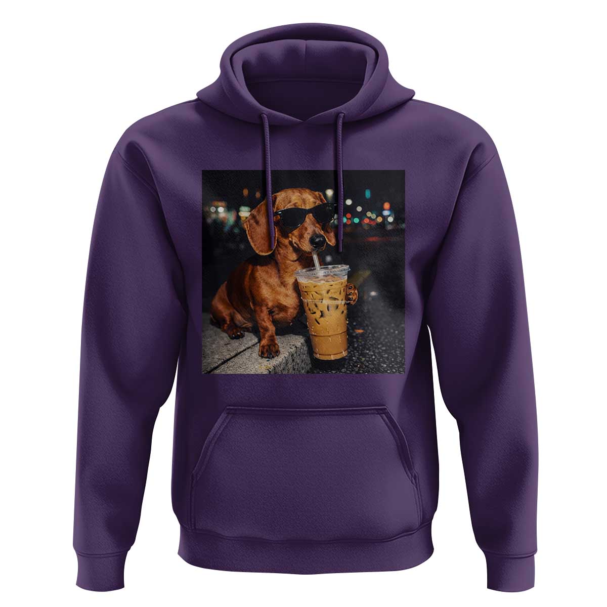 Cool Dachshund Drinking Iced Coffee Graphic Hoodie Funny Wiener Dog Night Vibes Aesthetic