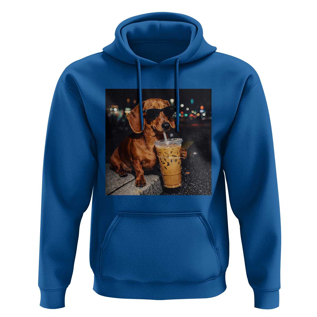 Cool Dachshund Drinking Iced Coffee Graphic Hoodie Funny Wiener Dog Night Vibes Aesthetic