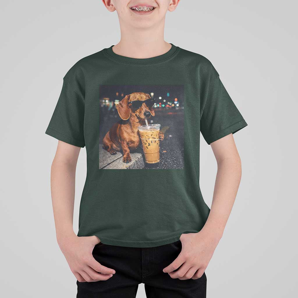 Cool Dachshund Drinking Iced Coffee Graphic T Shirt For Kid Funny Wiener Dog Night Vibes Aesthetic