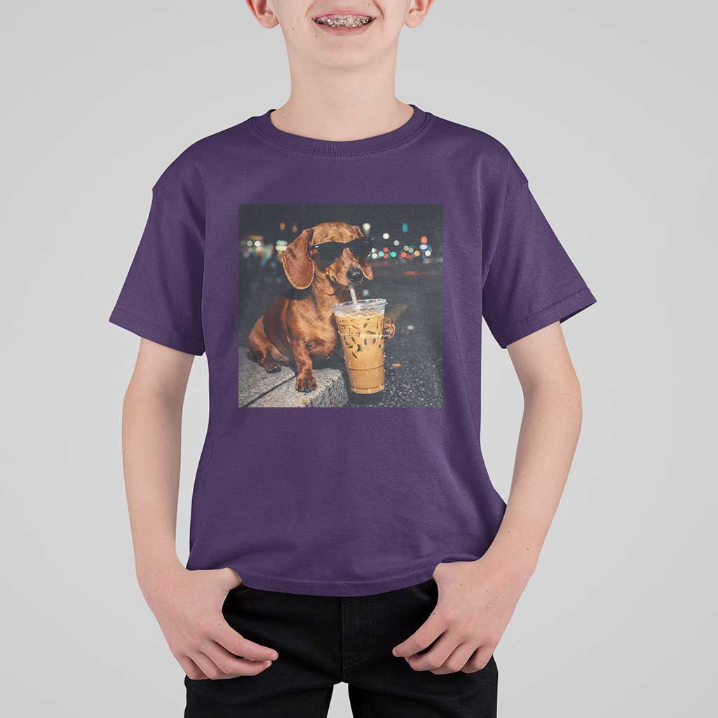 Cool Dachshund Drinking Iced Coffee Graphic T Shirt For Kid Funny Wiener Dog Night Vibes Aesthetic