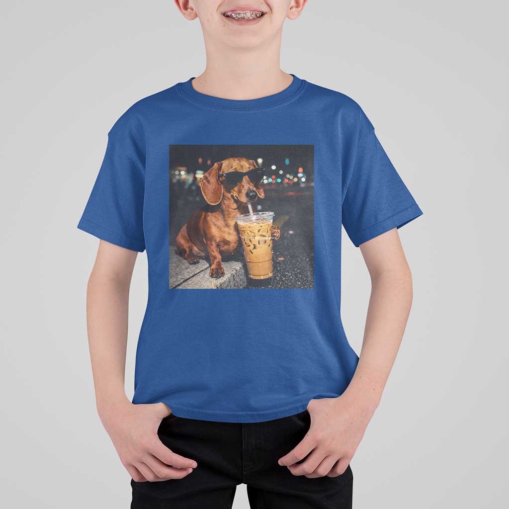 Cool Dachshund Drinking Iced Coffee Graphic T Shirt For Kid Funny Wiener Dog Night Vibes Aesthetic