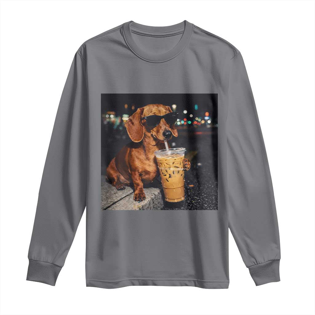 Cool Dachshund Drinking Iced Coffee Graphic Long Sleeve Shirt Funny Wiener Dog Night Vibes Aesthetic
