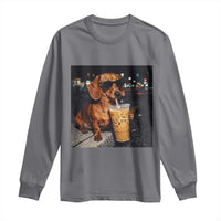 Cool Dachshund Drinking Iced Coffee Graphic Long Sleeve Shirt Funny Wiener Dog Night Vibes Aesthetic