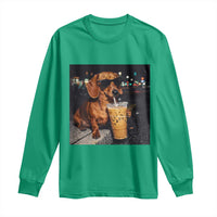 Cool Dachshund Drinking Iced Coffee Graphic Long Sleeve Shirt Funny Wiener Dog Night Vibes Aesthetic