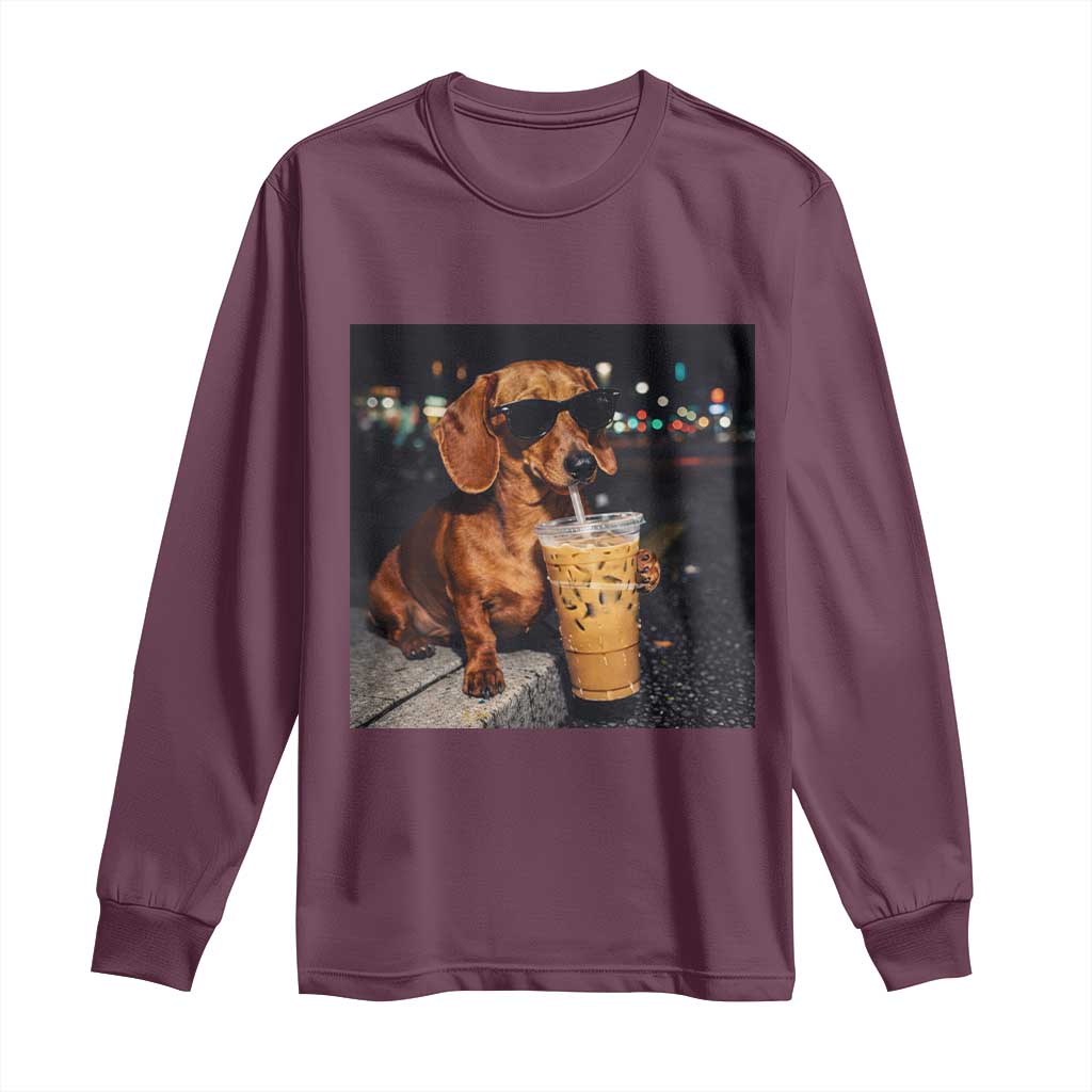 Cool Dachshund Drinking Iced Coffee Graphic Long Sleeve Shirt Funny Wiener Dog Night Vibes Aesthetic