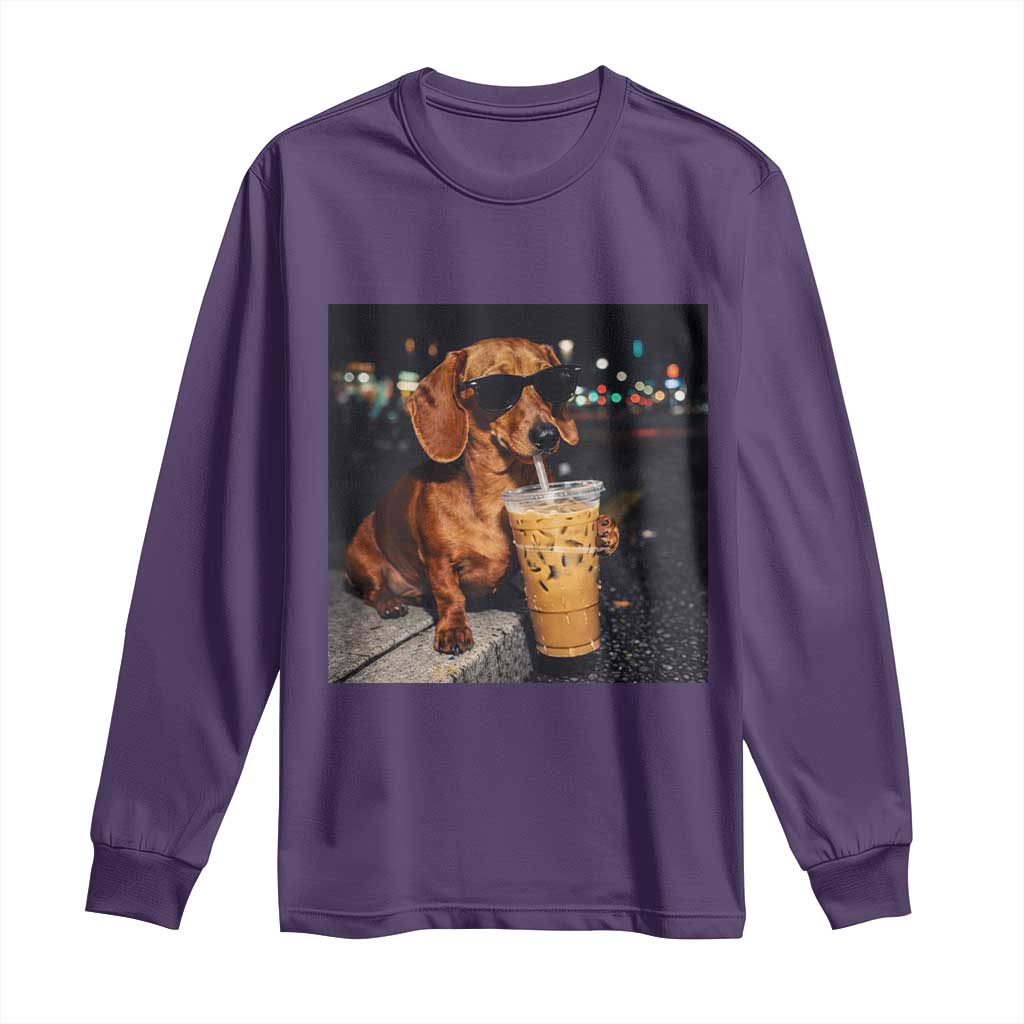 Cool Dachshund Drinking Iced Coffee Graphic Long Sleeve Shirt Funny Wiener Dog Night Vibes Aesthetic