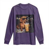 Cool Dachshund Drinking Iced Coffee Graphic Long Sleeve Shirt Funny Wiener Dog Night Vibes Aesthetic