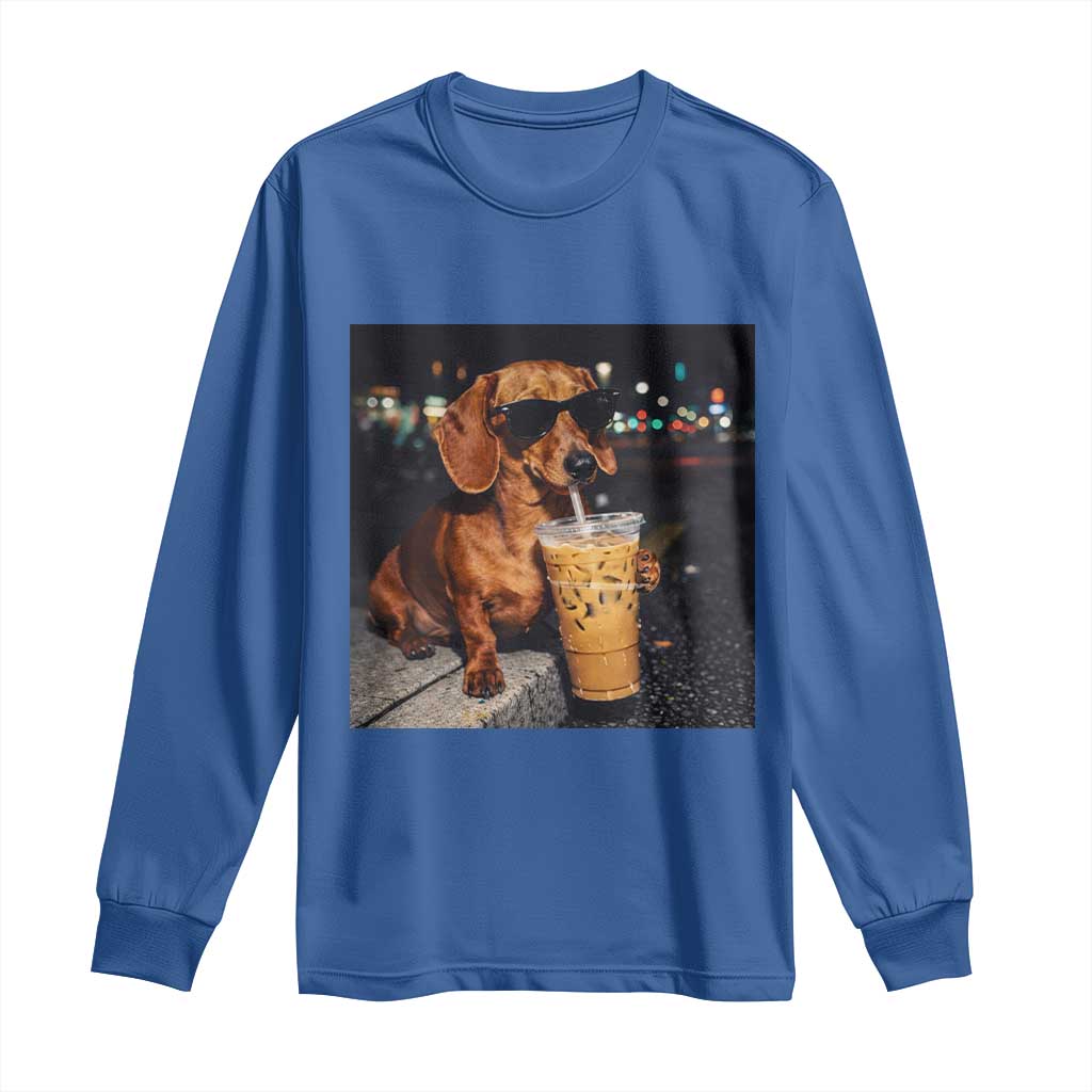 Cool Dachshund Drinking Iced Coffee Graphic Long Sleeve Shirt Funny Wiener Dog Night Vibes Aesthetic