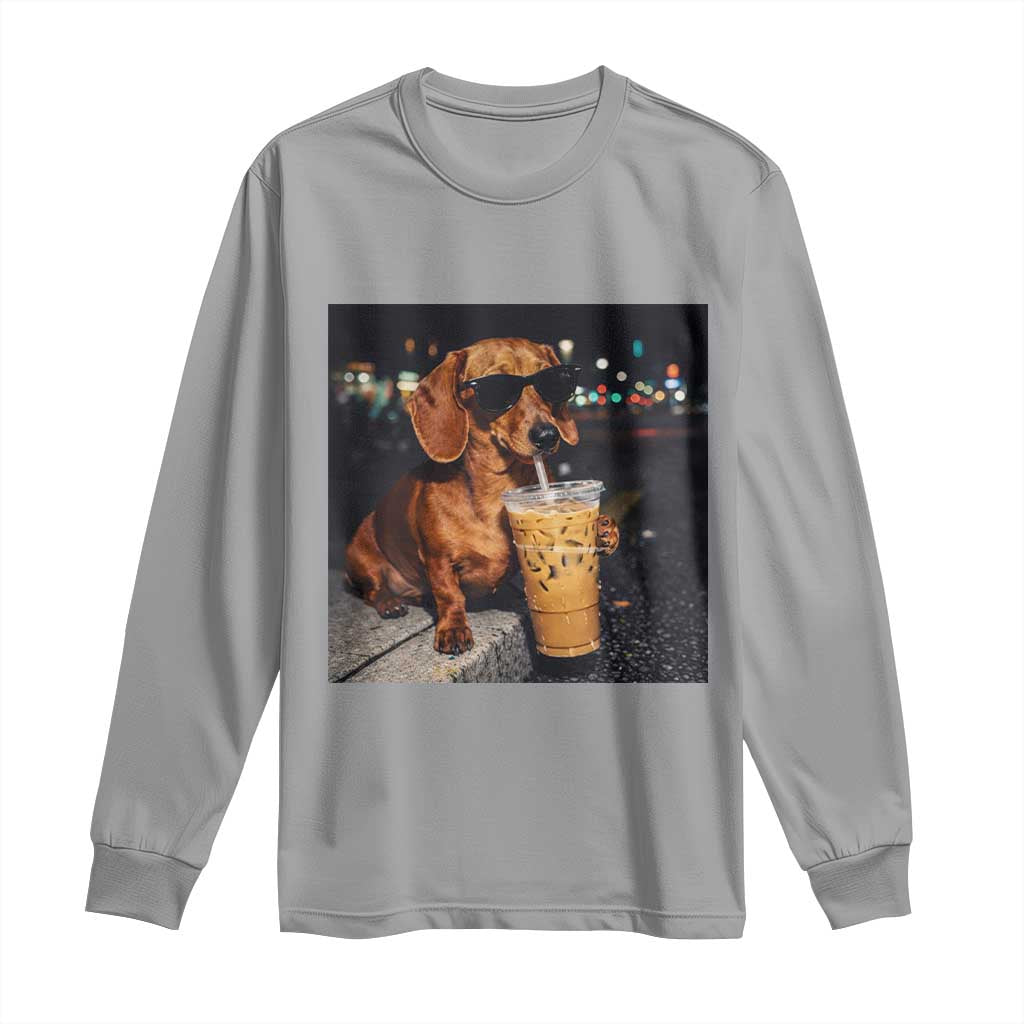 Cool Dachshund Drinking Iced Coffee Graphic Long Sleeve Shirt Funny Wiener Dog Night Vibes Aesthetic
