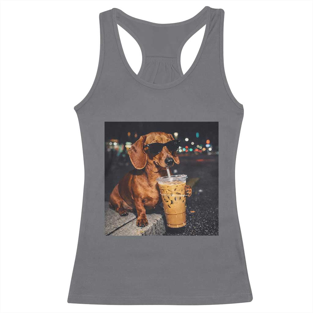 Cool Dachshund Drinking Iced Coffee Graphic Racerback Tank Top Funny Wiener Dog Night Vibes Aesthetic