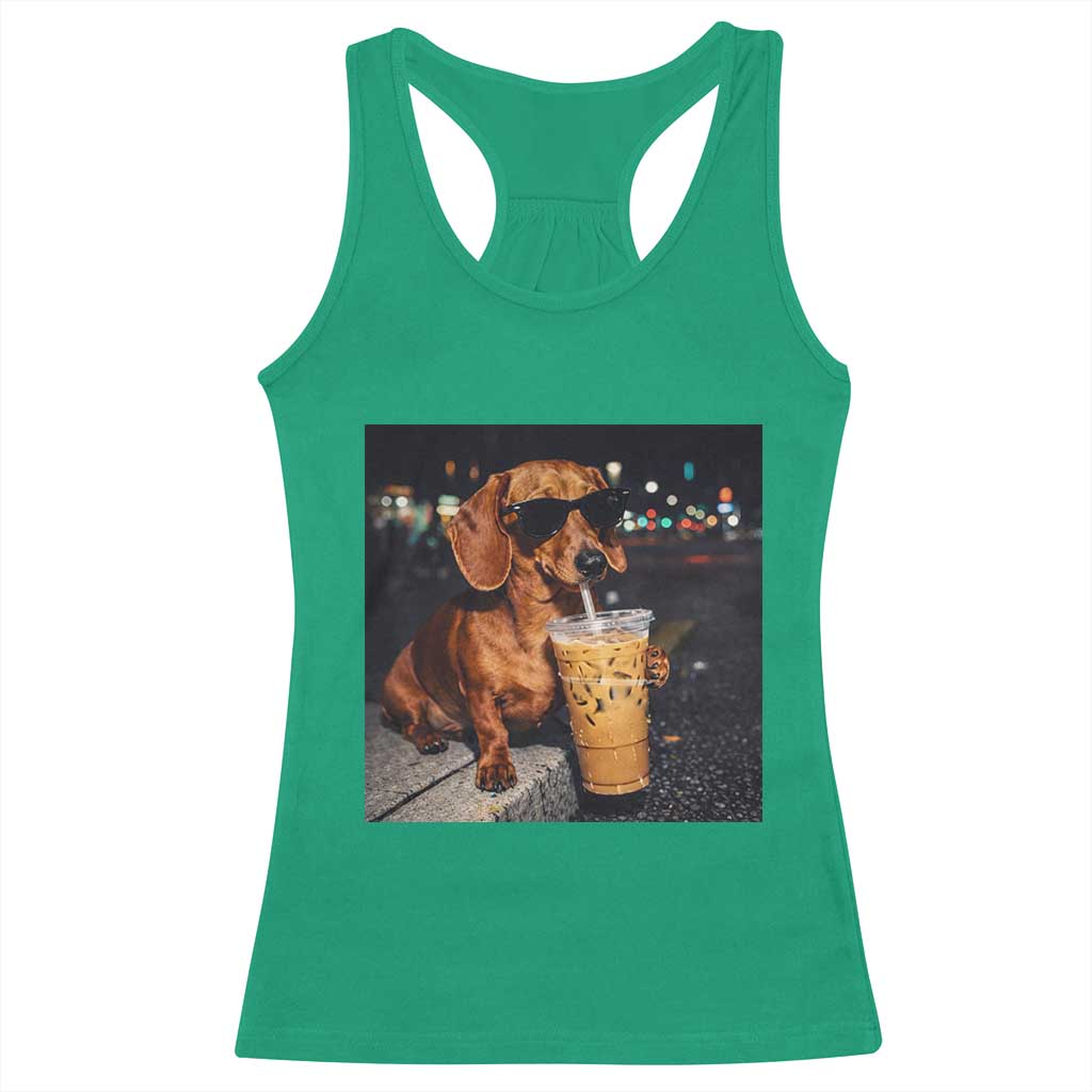 Cool Dachshund Drinking Iced Coffee Graphic Racerback Tank Top Funny Wiener Dog Night Vibes Aesthetic