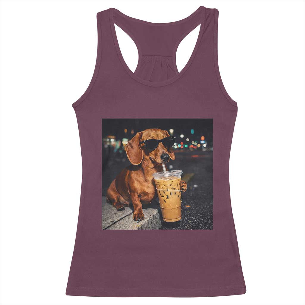 Cool Dachshund Drinking Iced Coffee Graphic Racerback Tank Top Funny Wiener Dog Night Vibes Aesthetic