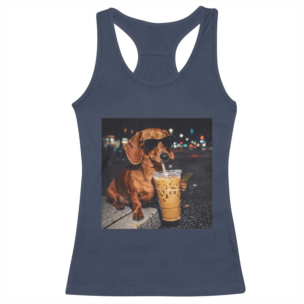 Cool Dachshund Drinking Iced Coffee Graphic Racerback Tank Top Funny Wiener Dog Night Vibes Aesthetic