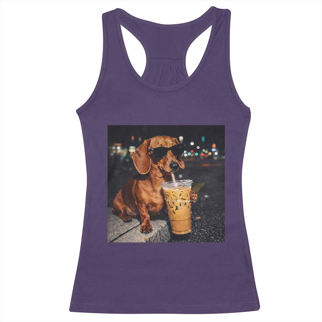 Cool Dachshund Drinking Iced Coffee Graphic Racerback Tank Top Funny Wiener Dog Night Vibes Aesthetic