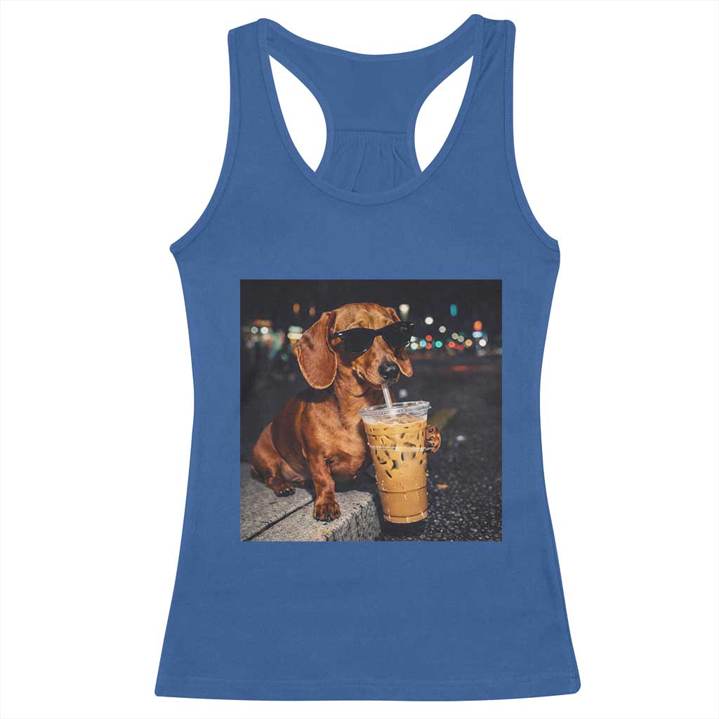 Cool Dachshund Drinking Iced Coffee Graphic Racerback Tank Top Funny Wiener Dog Night Vibes Aesthetic