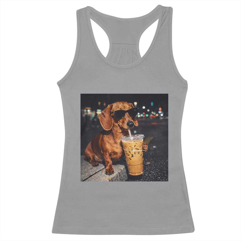 Cool Dachshund Drinking Iced Coffee Graphic Racerback Tank Top Funny Wiener Dog Night Vibes Aesthetic
