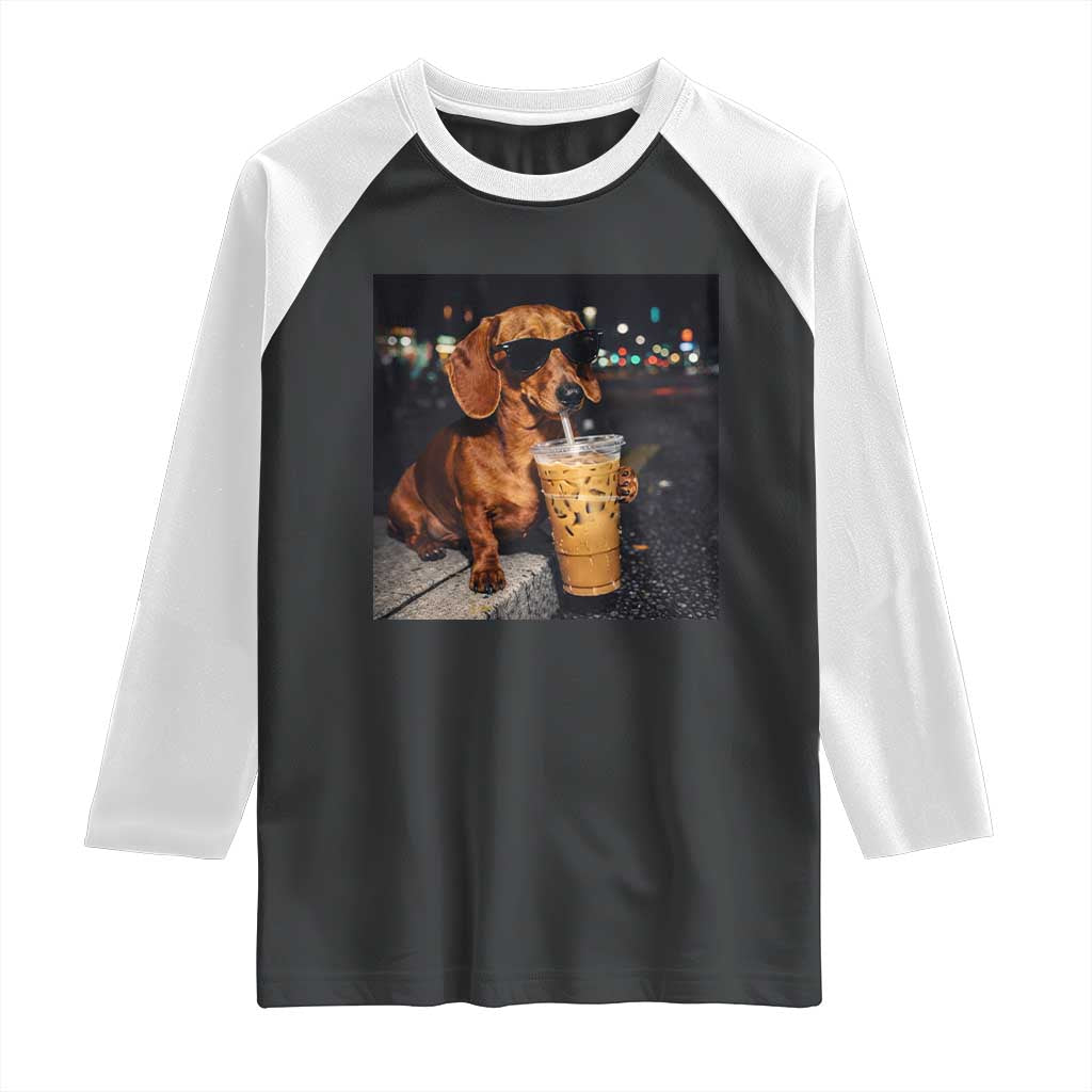 Cool Dachshund Drinking Iced Coffee Graphic Raglan Shirt Funny Wiener Dog Night Vibes Aesthetic