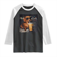 Cool Dachshund Drinking Iced Coffee Graphic Raglan Shirt Funny Wiener Dog Night Vibes Aesthetic
