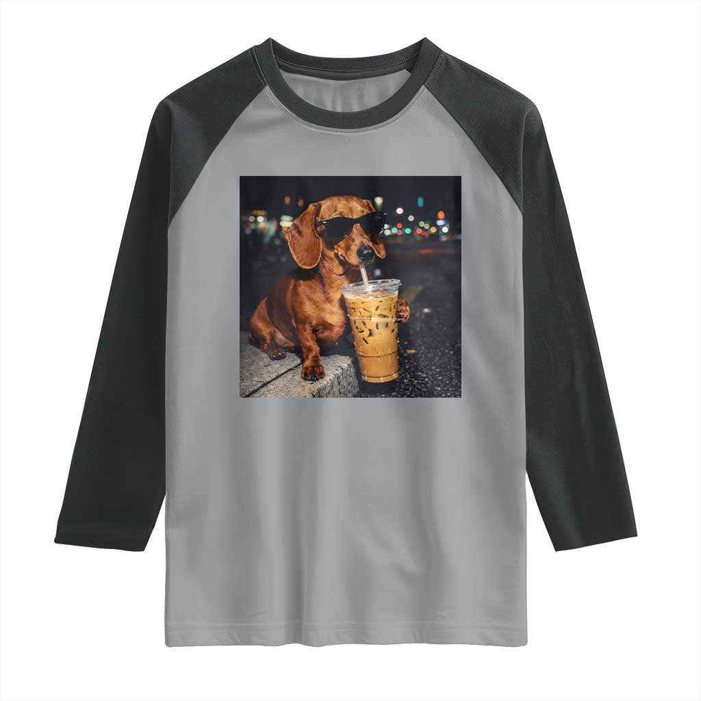 Cool Dachshund Drinking Iced Coffee Graphic Raglan Shirt Funny Wiener Dog Night Vibes Aesthetic