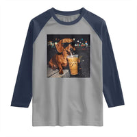 Cool Dachshund Drinking Iced Coffee Graphic Raglan Shirt Funny Wiener Dog Night Vibes Aesthetic