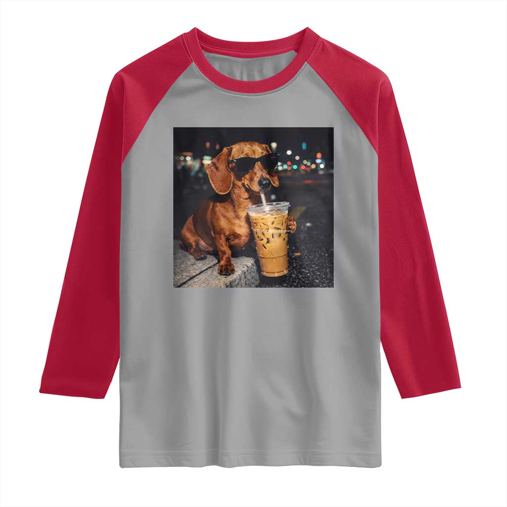 Cool Dachshund Drinking Iced Coffee Graphic Raglan Shirt Funny Wiener Dog Night Vibes Aesthetic