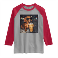 Cool Dachshund Drinking Iced Coffee Graphic Raglan Shirt Funny Wiener Dog Night Vibes Aesthetic