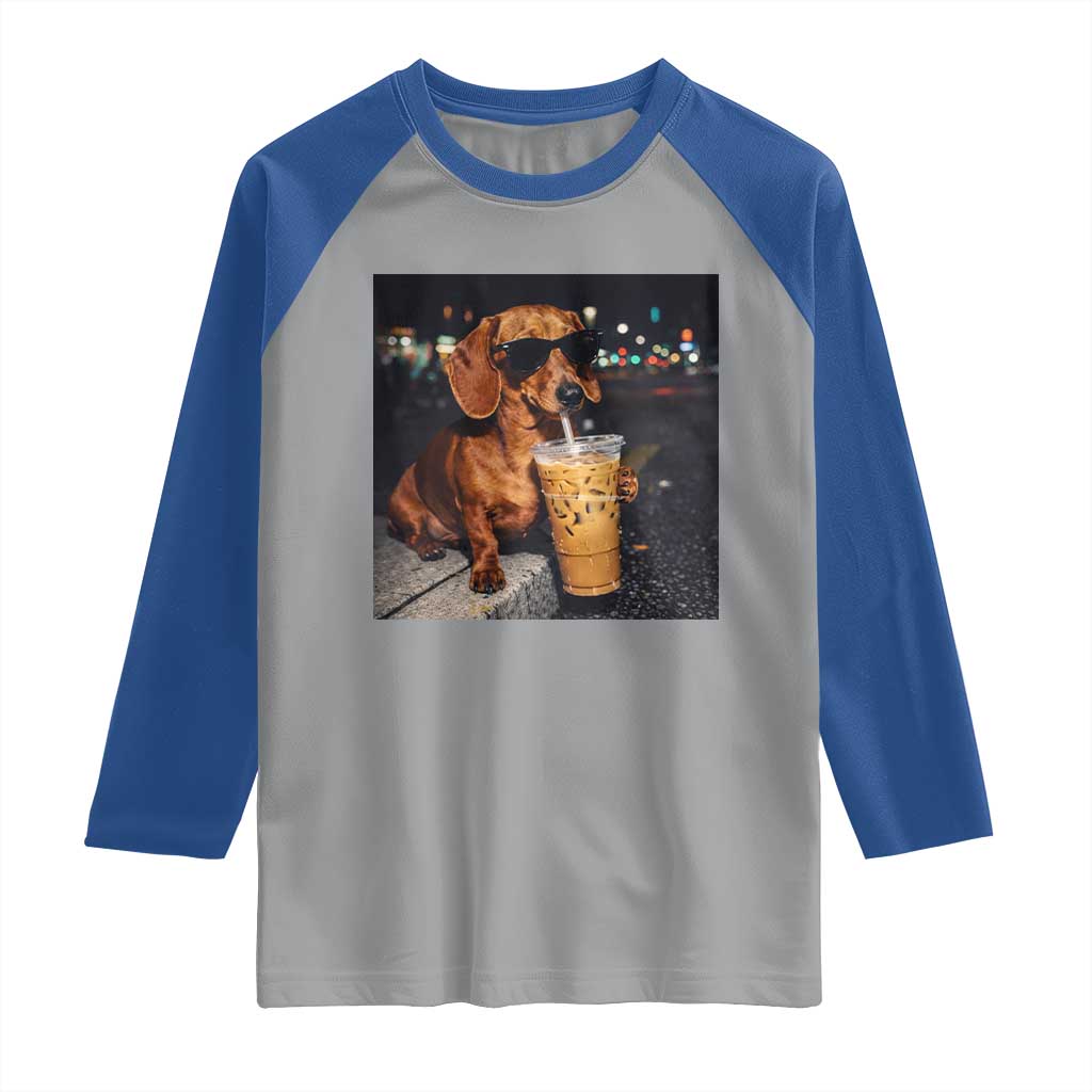 Cool Dachshund Drinking Iced Coffee Graphic Raglan Shirt Funny Wiener Dog Night Vibes Aesthetic
