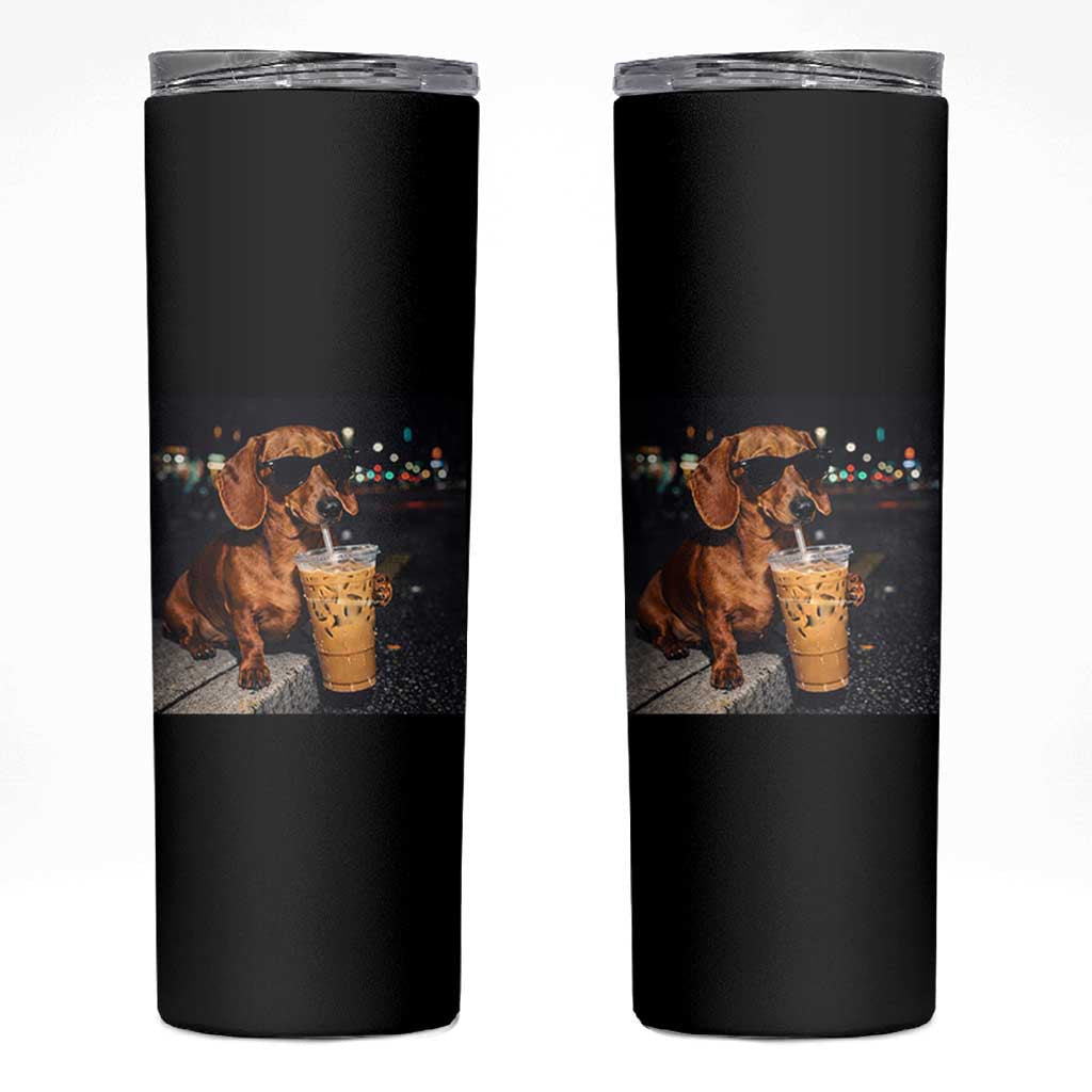 Cool Dachshund Drinking Iced Coffee Graphic Skinny Tumbler Funny Wiener Dog Night Vibes Aesthetic