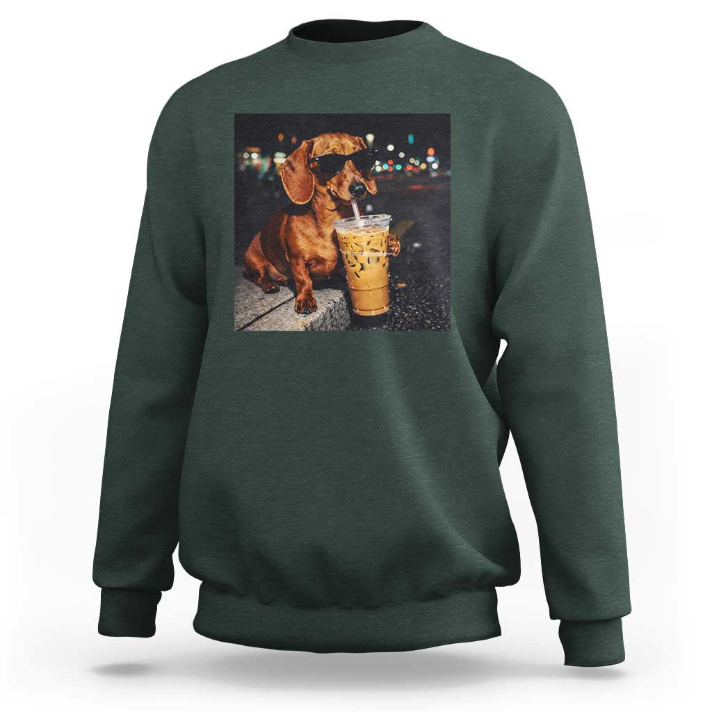 Cool Dachshund Drinking Iced Coffee Graphic Sweatshirt Funny Wiener Dog Night Vibes Aesthetic