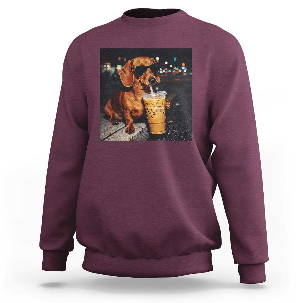 Cool Dachshund Drinking Iced Coffee Graphic Sweatshirt Funny Wiener Dog Night Vibes Aesthetic