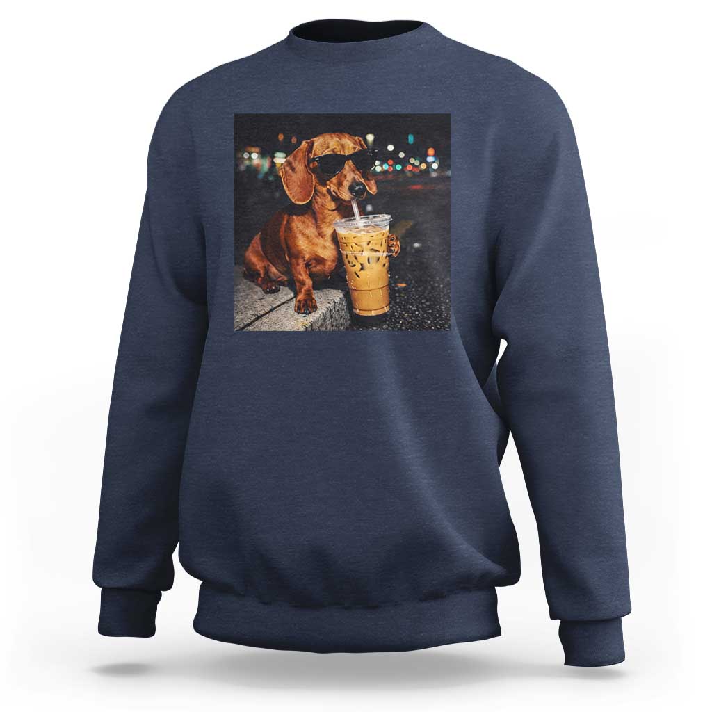 Cool Dachshund Drinking Iced Coffee Graphic Sweatshirt Funny Wiener Dog Night Vibes Aesthetic