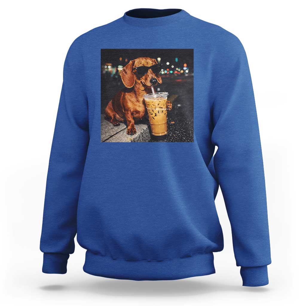 Cool Dachshund Drinking Iced Coffee Graphic Sweatshirt Funny Wiener Dog Night Vibes Aesthetic