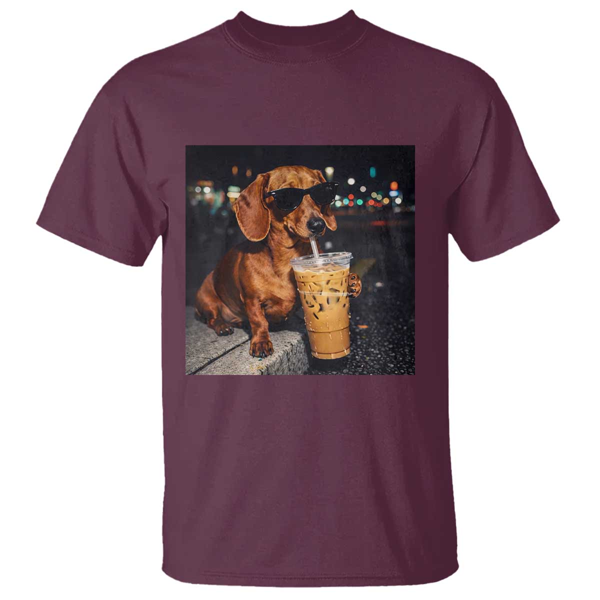 Cool Dachshund Drinking Iced Coffee Graphic T Shirt Funny Wiener Dog Night Vibes Aesthetic