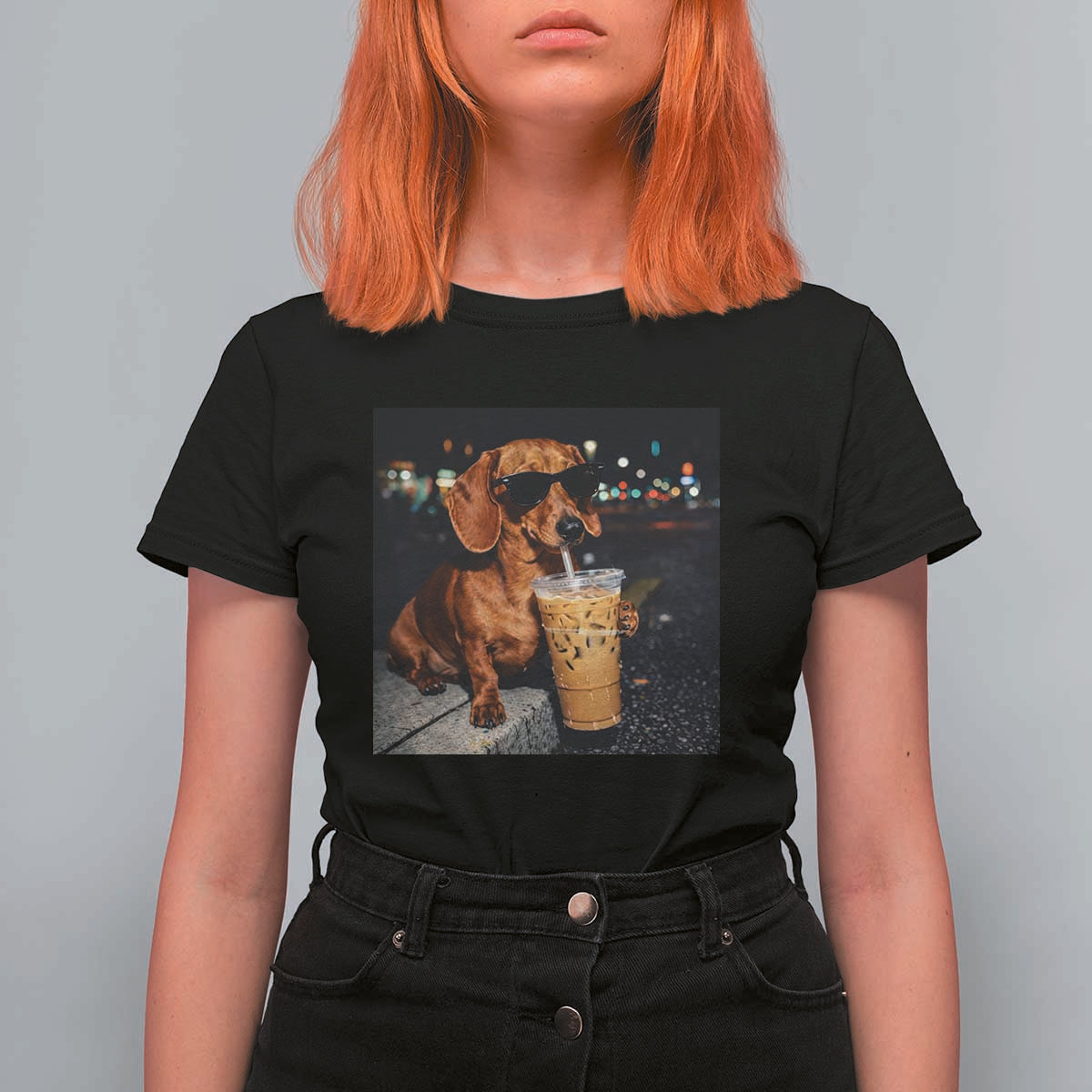 Cool Dachshund Drinking Iced Coffee Graphic T Shirt For Women Funny Wiener Dog Night Vibes Aesthetic