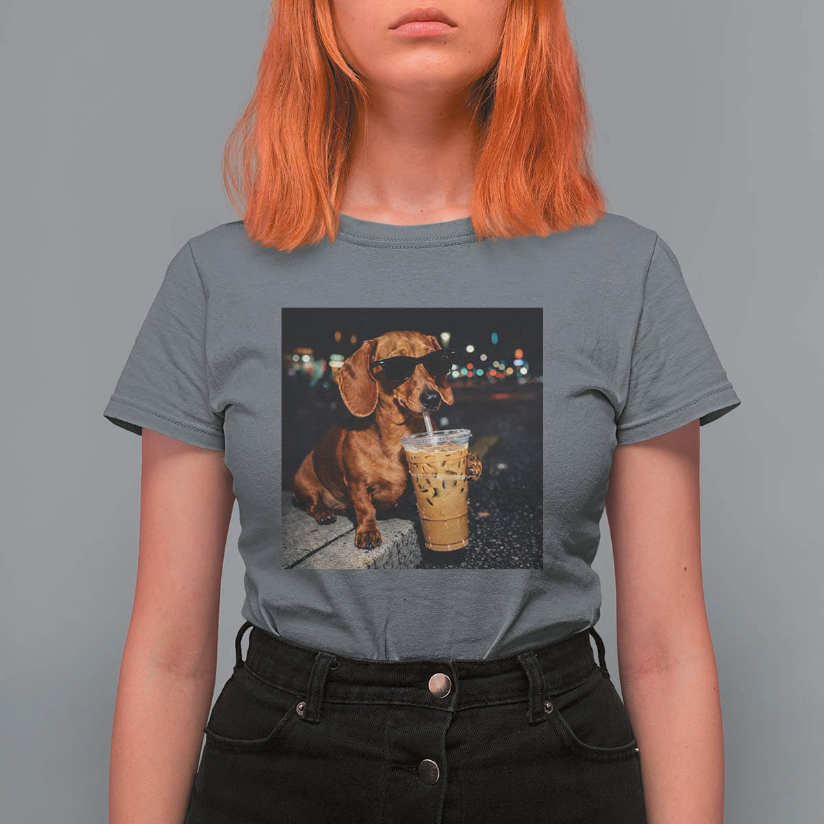Cool Dachshund Drinking Iced Coffee Graphic T Shirt For Women Funny Wiener Dog Night Vibes Aesthetic
