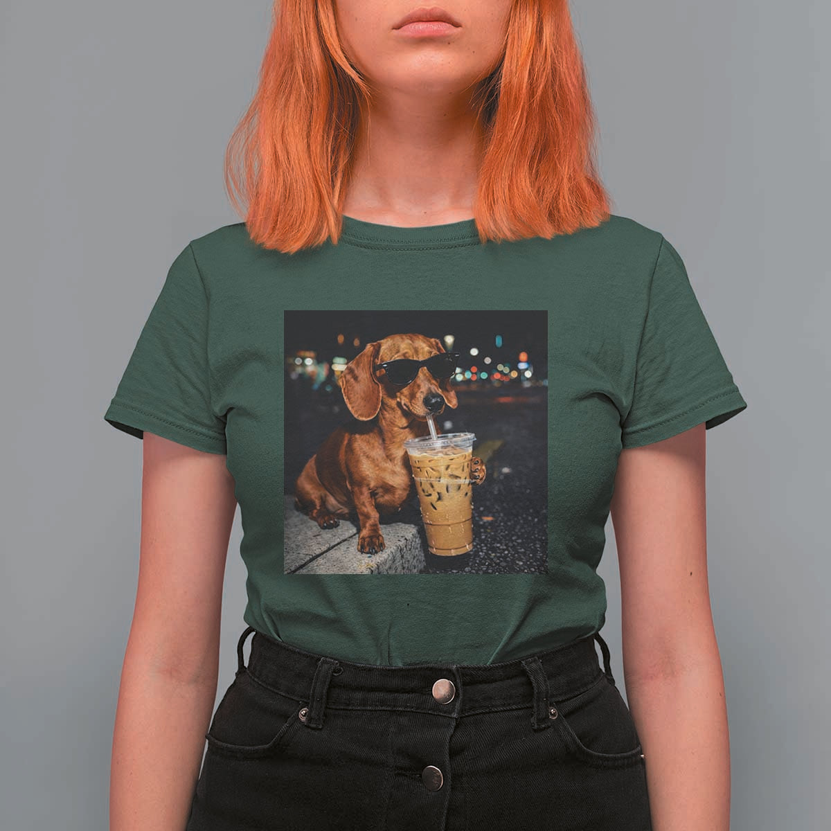Cool Dachshund Drinking Iced Coffee Graphic T Shirt For Women Funny Wiener Dog Night Vibes Aesthetic
