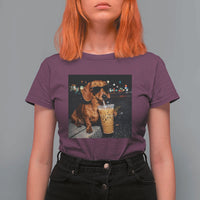 Cool Dachshund Drinking Iced Coffee Graphic T Shirt For Women Funny Wiener Dog Night Vibes Aesthetic