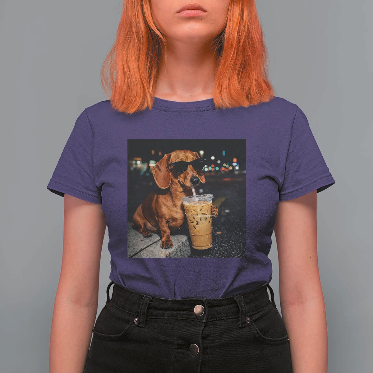 Cool Dachshund Drinking Iced Coffee Graphic T Shirt For Women Funny Wiener Dog Night Vibes Aesthetic