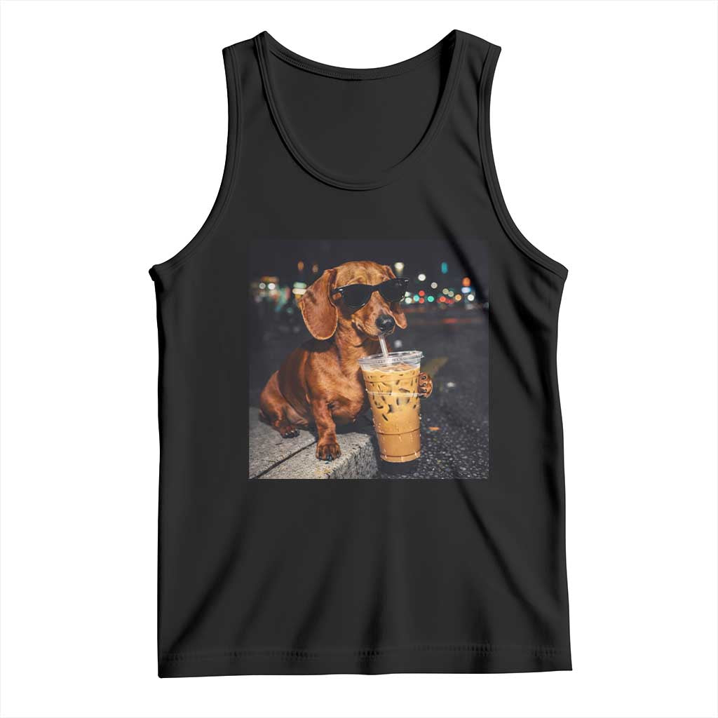 Cool Dachshund Drinking Iced Coffee Graphic Tank Top Funny Wiener Dog Night Vibes Aesthetic