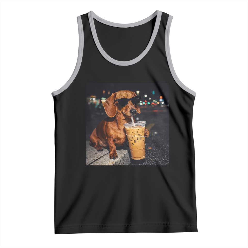 Cool Dachshund Drinking Iced Coffee Graphic Tank Top Funny Wiener Dog Night Vibes Aesthetic