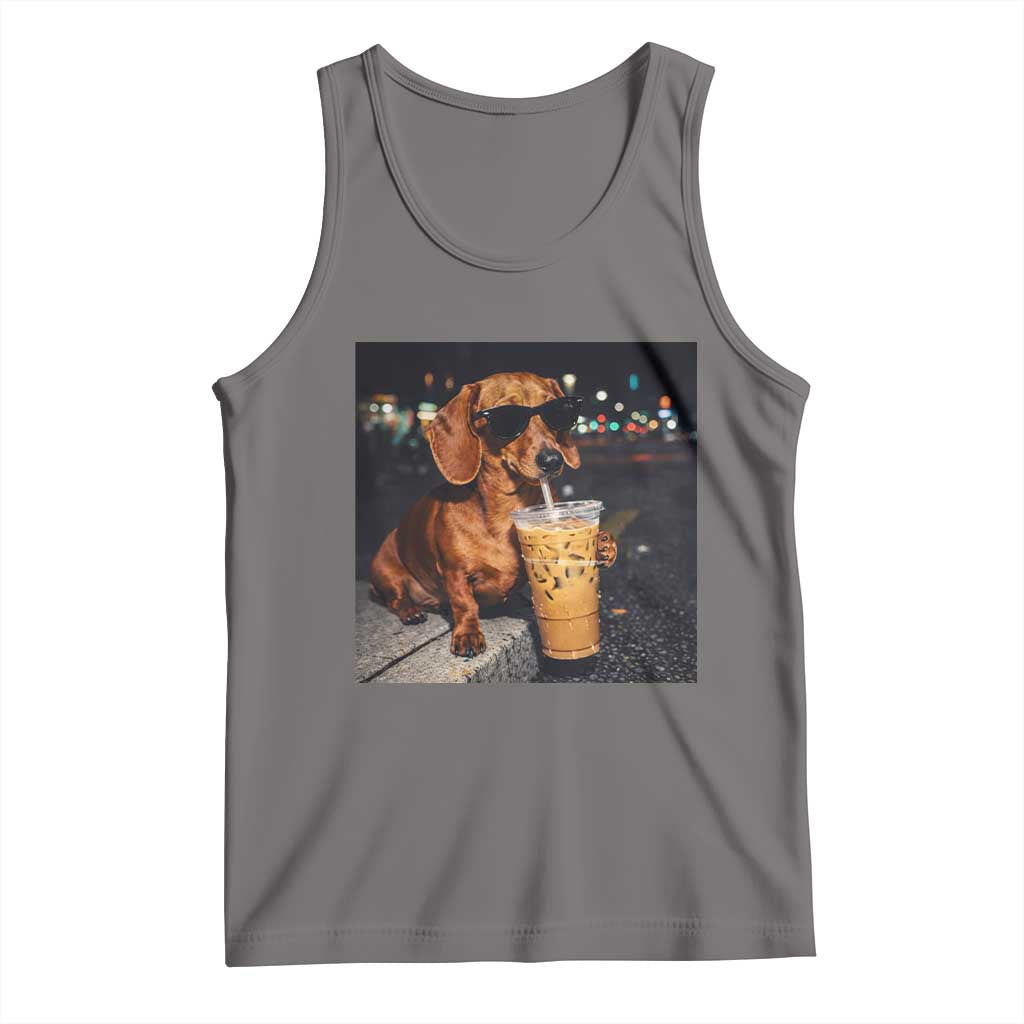 Cool Dachshund Drinking Iced Coffee Graphic Tank Top Funny Wiener Dog Night Vibes Aesthetic