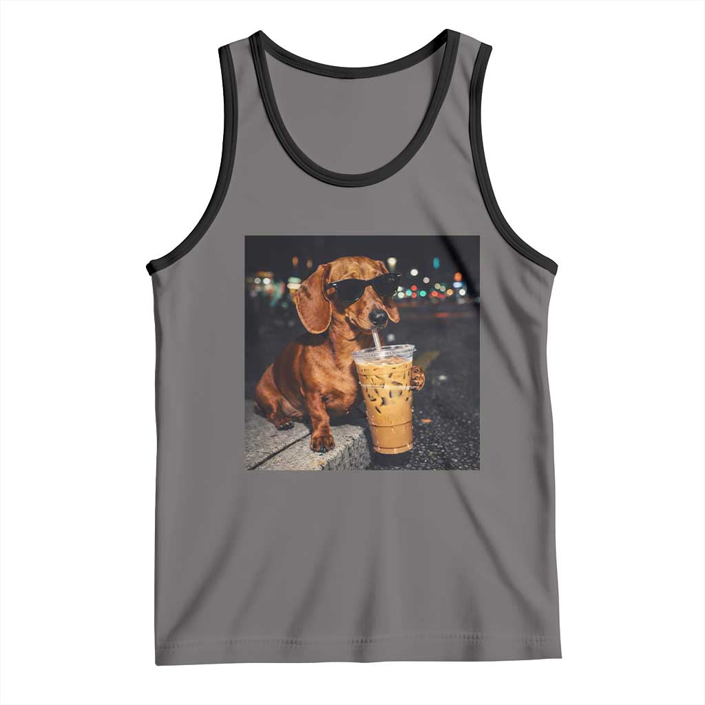 Cool Dachshund Drinking Iced Coffee Graphic Tank Top Funny Wiener Dog Night Vibes Aesthetic