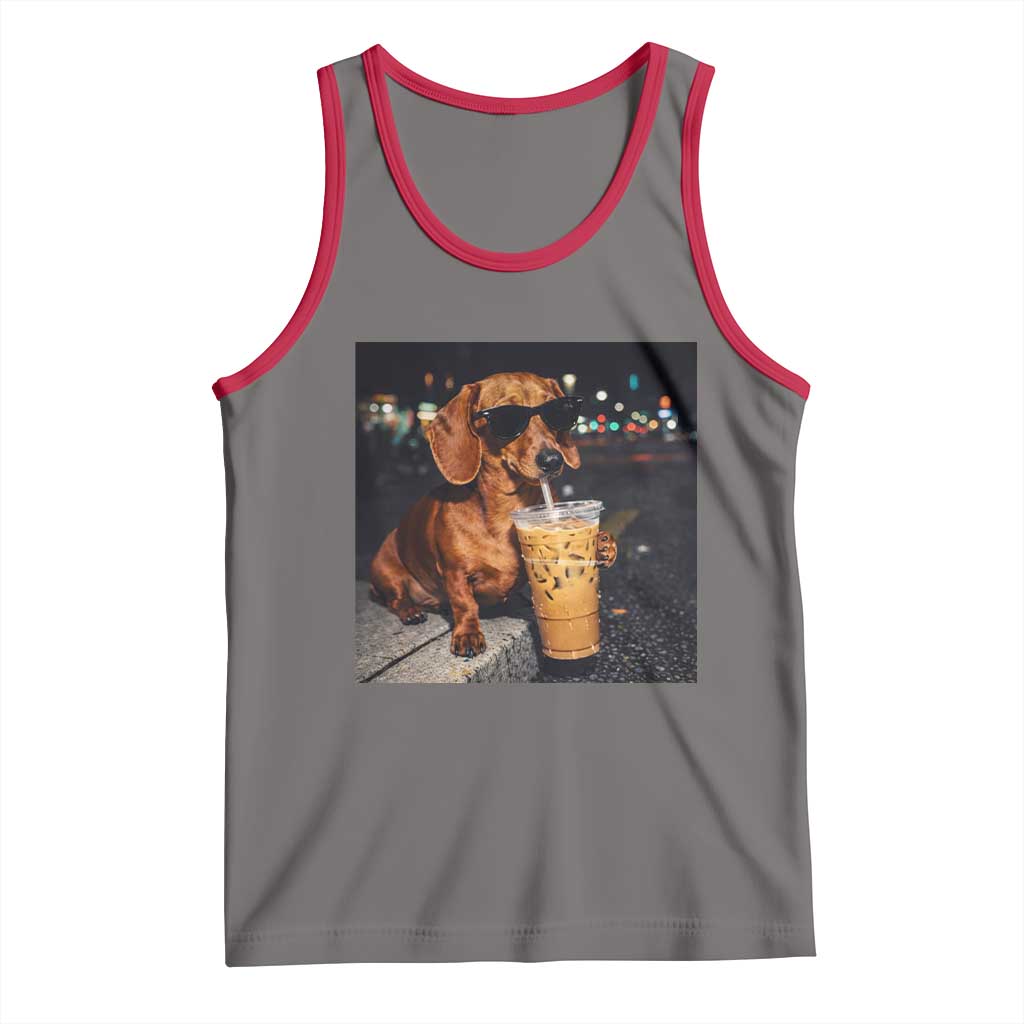 Cool Dachshund Drinking Iced Coffee Graphic Tank Top Funny Wiener Dog Night Vibes Aesthetic