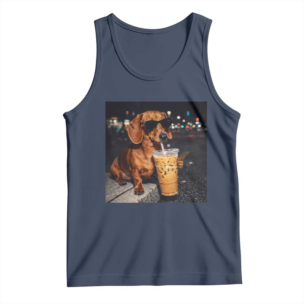 Cool Dachshund Drinking Iced Coffee Graphic Tank Top Funny Wiener Dog Night Vibes Aesthetic