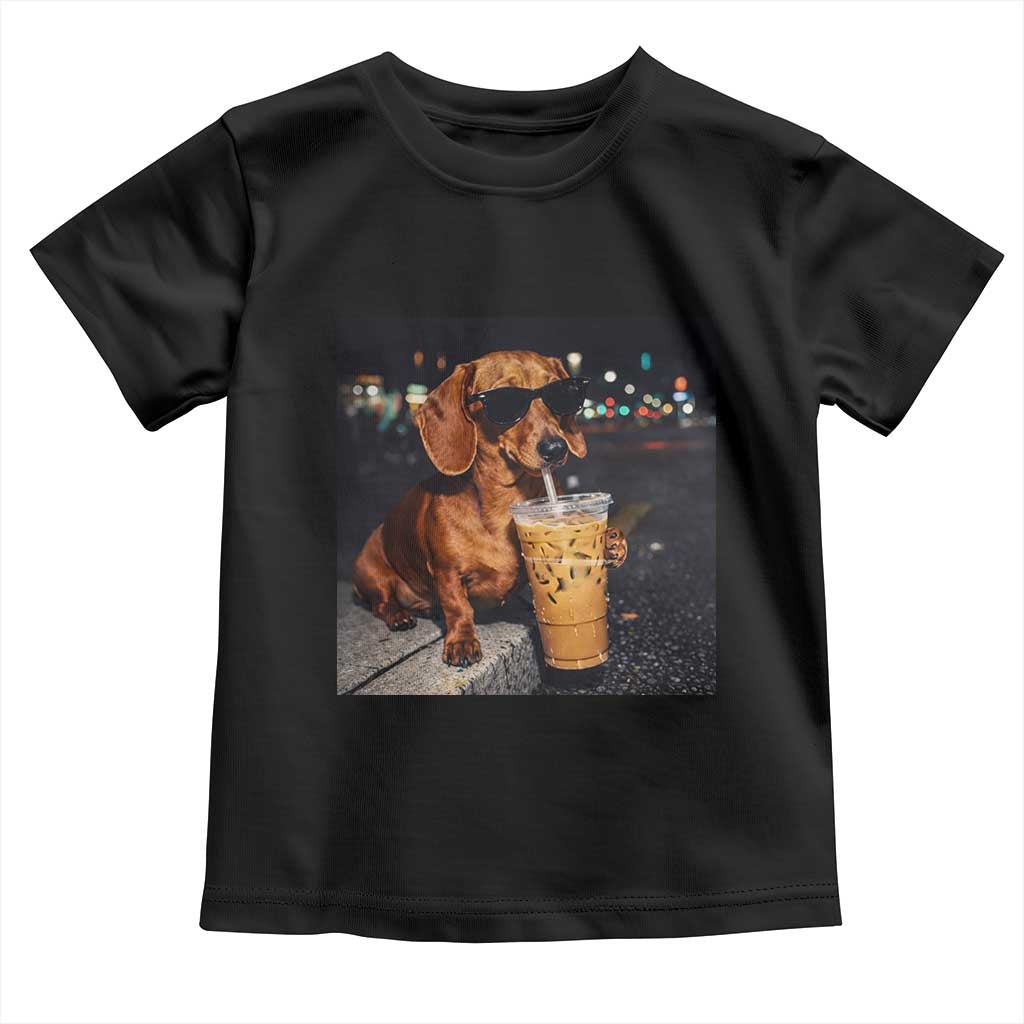 Cool Dachshund Drinking Iced Coffee Graphic Toddler T Shirt Funny Wiener Dog Night Vibes Aesthetic