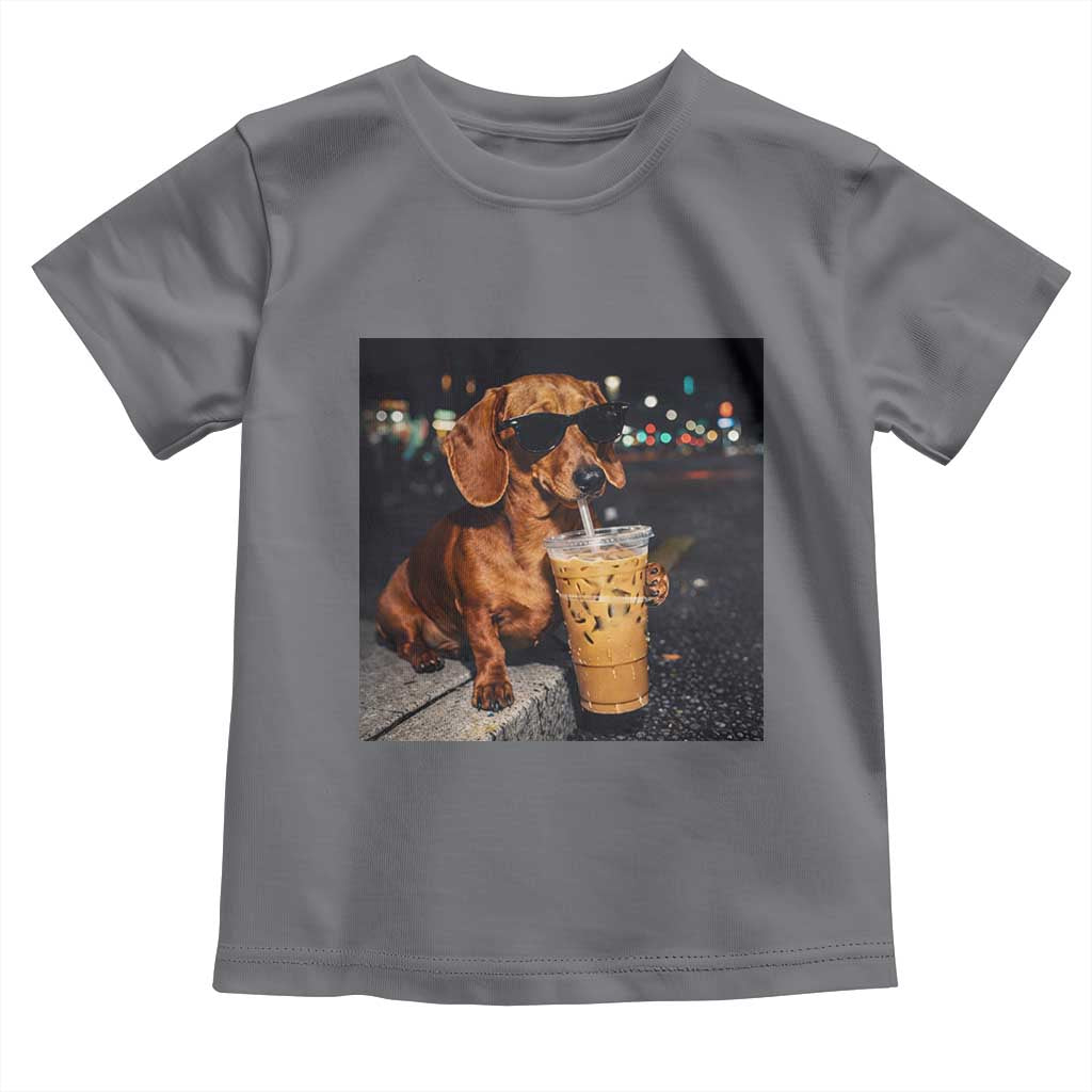 Cool Dachshund Drinking Iced Coffee Graphic Toddler T Shirt Funny Wiener Dog Night Vibes Aesthetic
