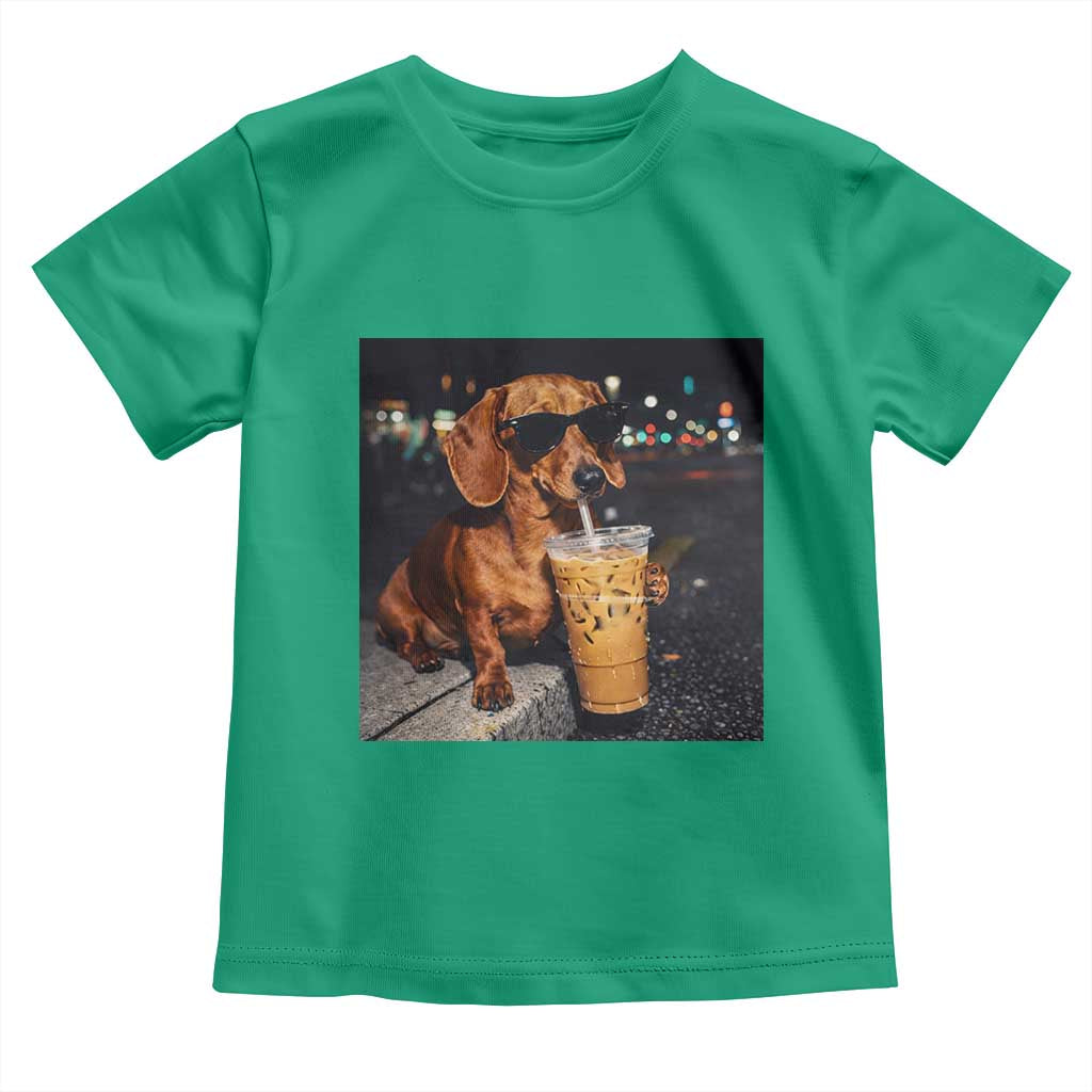 Cool Dachshund Drinking Iced Coffee Graphic Toddler T Shirt Funny Wiener Dog Night Vibes Aesthetic